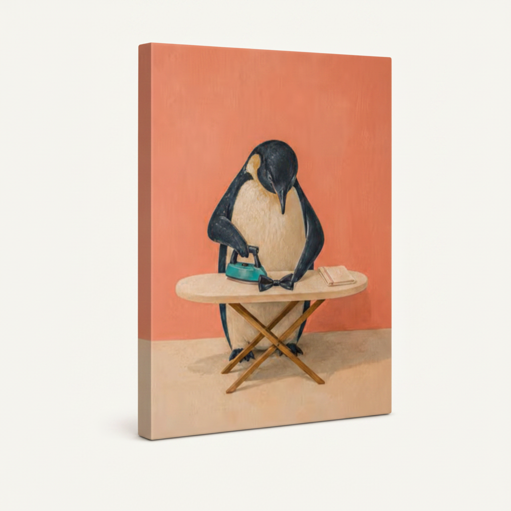 Gallery wrapped canvas side view showing penguin wall art with coral orange background