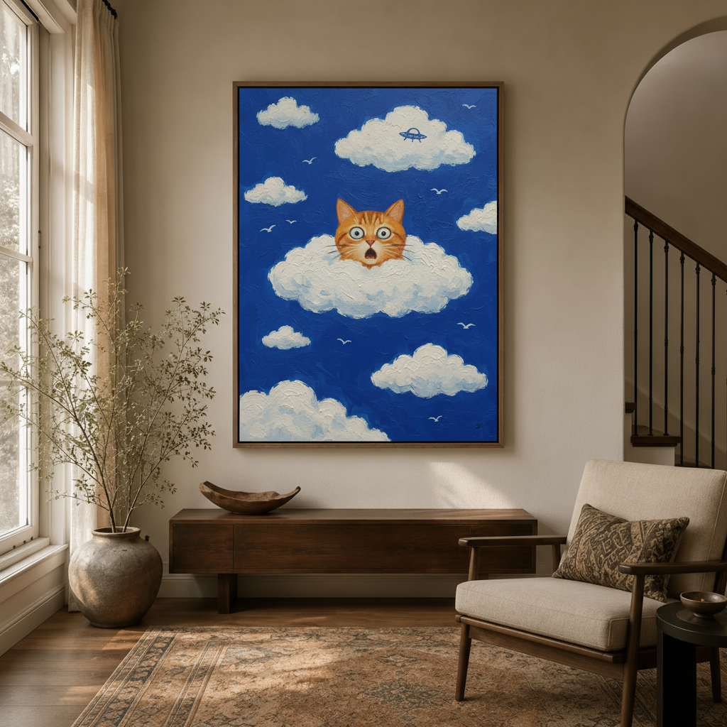 Whimsical orange tabby cat peeking from clouds oil painting canvas displayed in a bright modern entryway