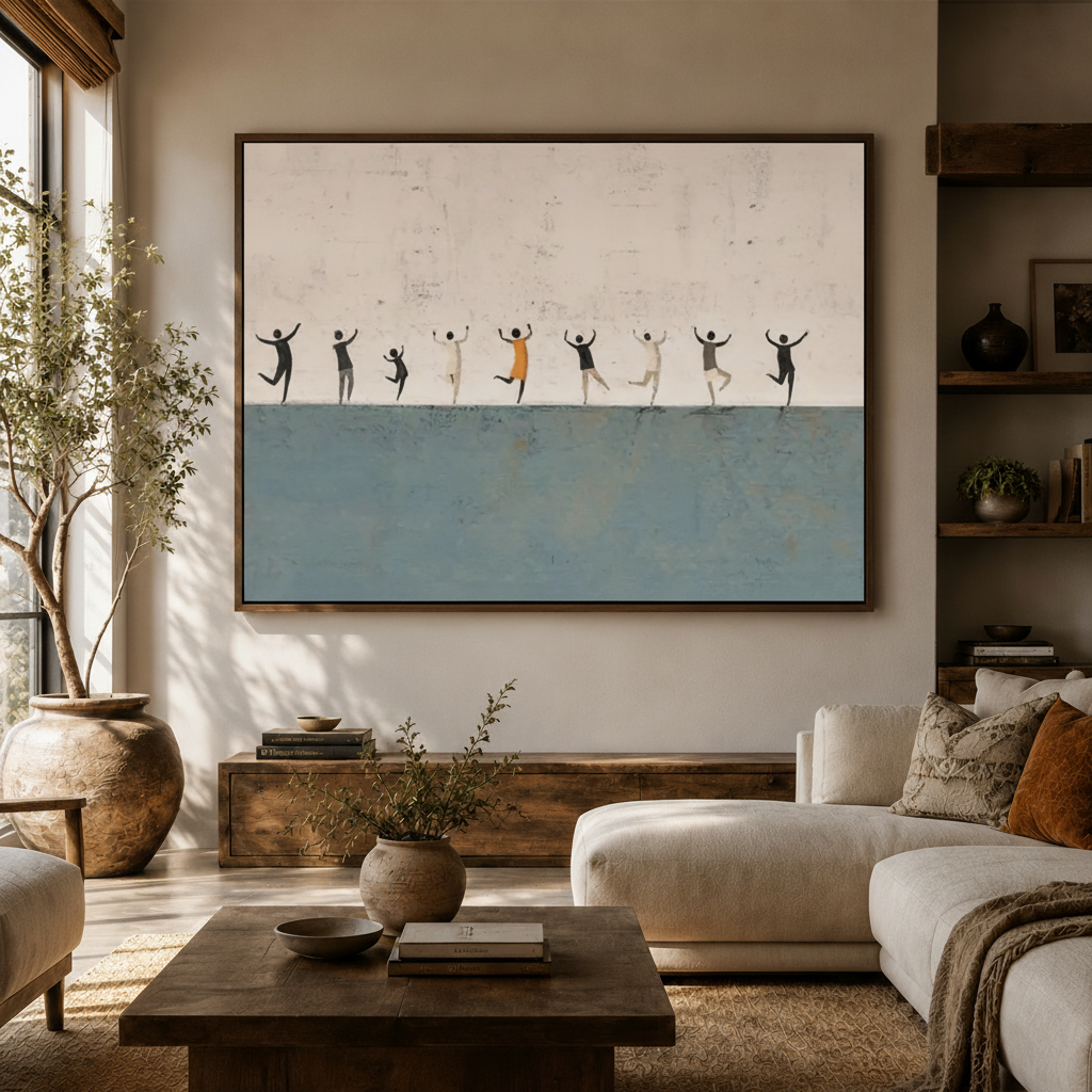 Large framed abstract people canvas print displayed above a sofa in a warm organic modern living room