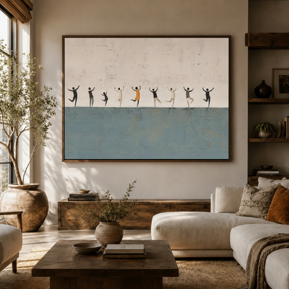 Large framed abstract people canvas print displayed above a sofa in a warm organic modern living room