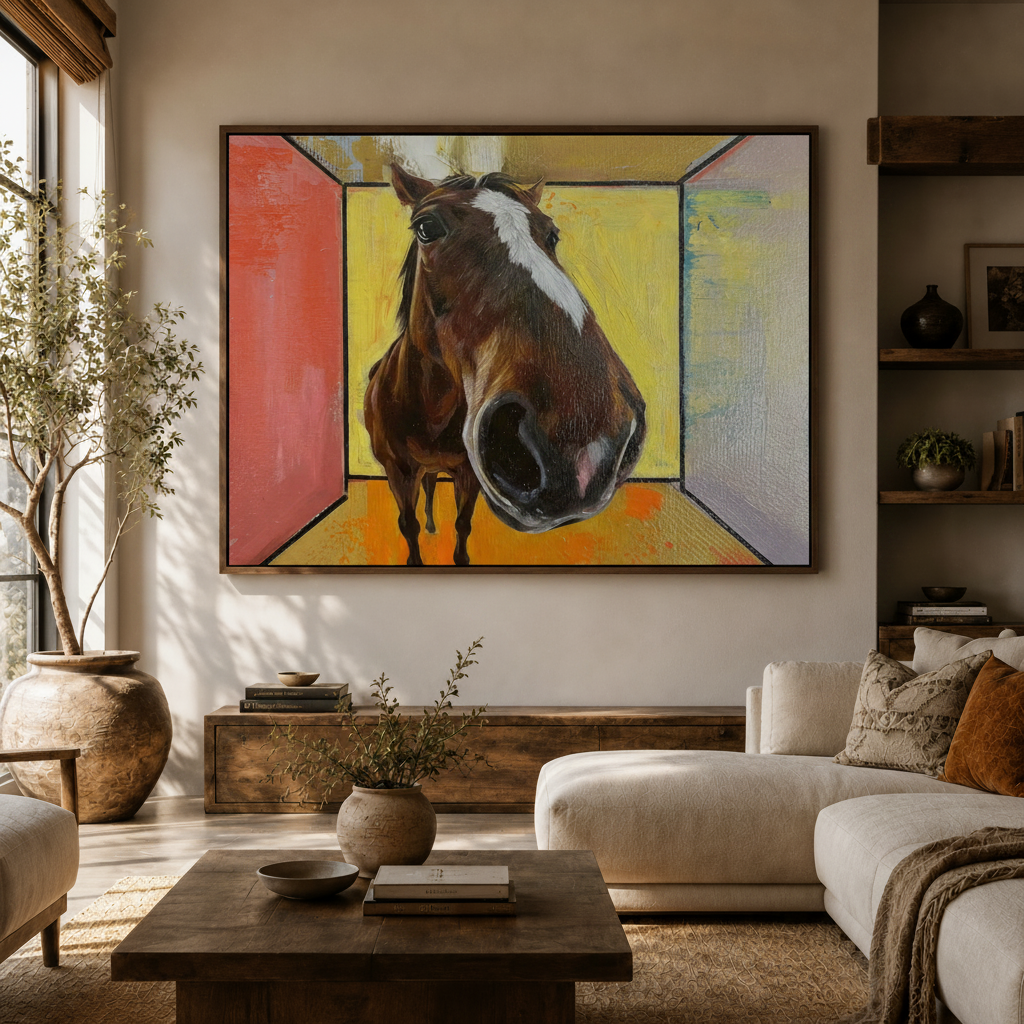 Colorful horse pop art wall art above walnut console in rustic modern living room with white sofa