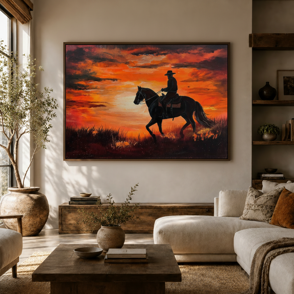 Framed western silhouette canvas hanging above white sofa in modern living room