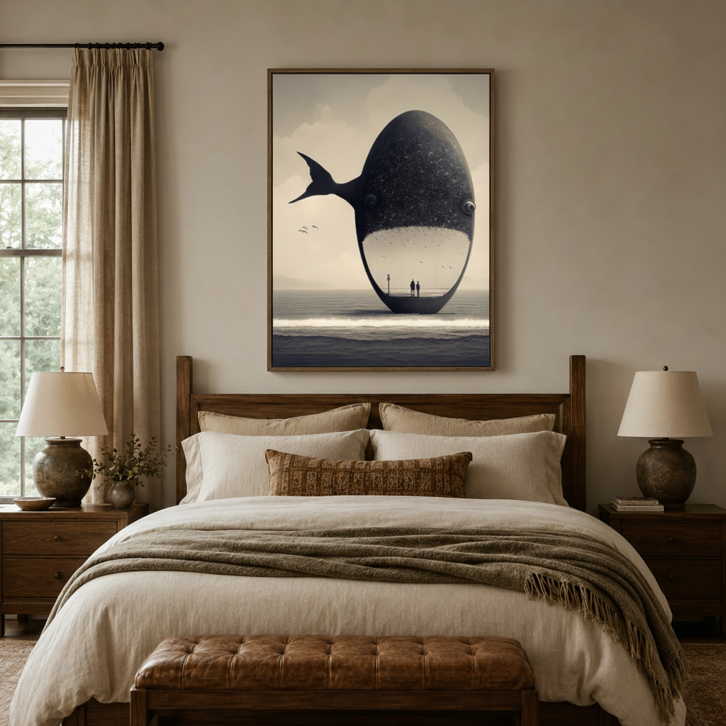 Moody surreal whale canvas print centered above wooden bed in warm earthy neutral master bedroom