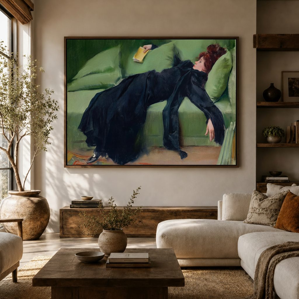 Decadent woman figure painting in float frame above console in modern neutral living room