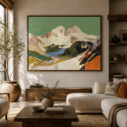 Contemporary mountain landscape painting framed above console in bright modern living room with olive tree