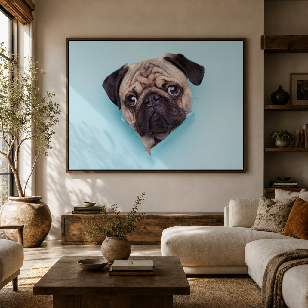 Pug peek-a-boo framed canvas hanging above sofa in a cozy neutral-toned living room