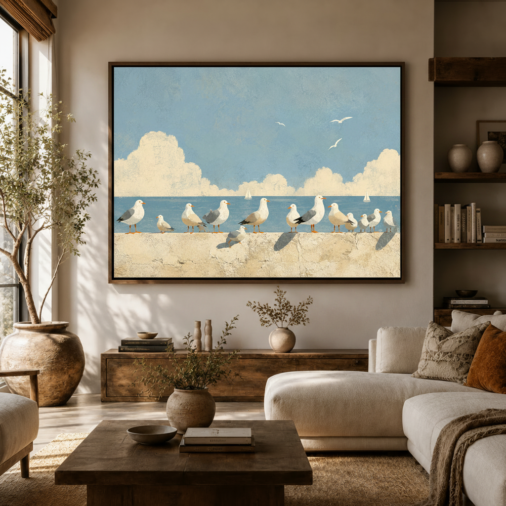 Minimalist seagull illustration canvas hung above sideboard in bright Scandinavian living room
