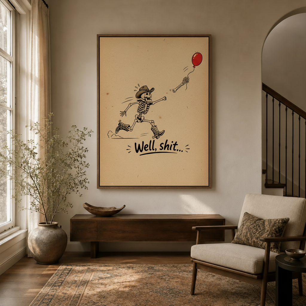 Vintage western skeleton cowboy painting in walnut float frame hanging in modern foyer