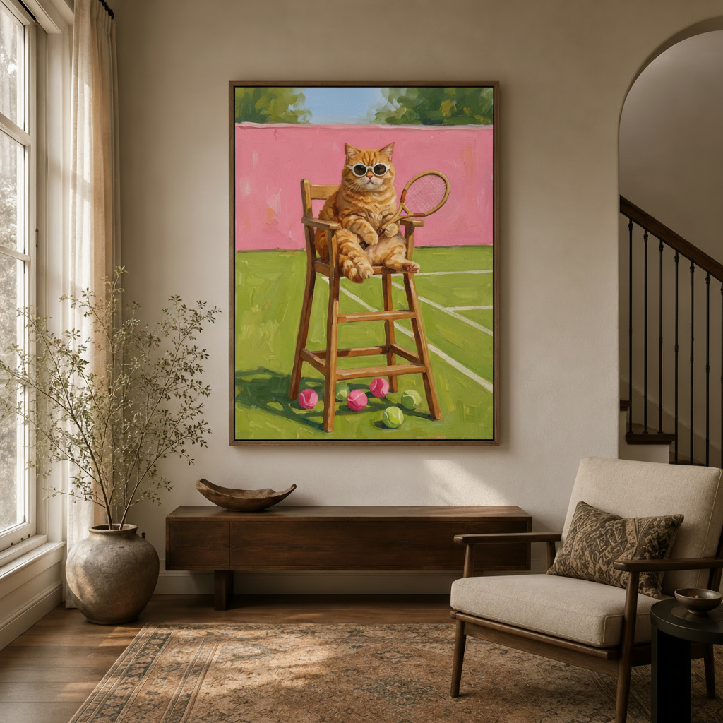 Orange tabby umpire cat wall art hanging in a bright entryway with natural light
