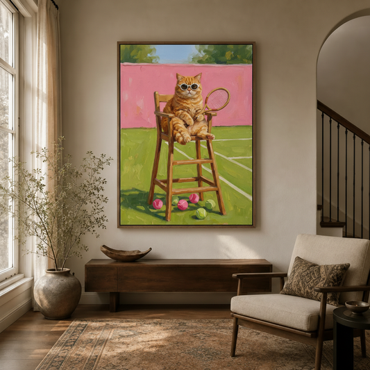 Orange tabby umpire cat wall art hanging in a bright entryway with natural light