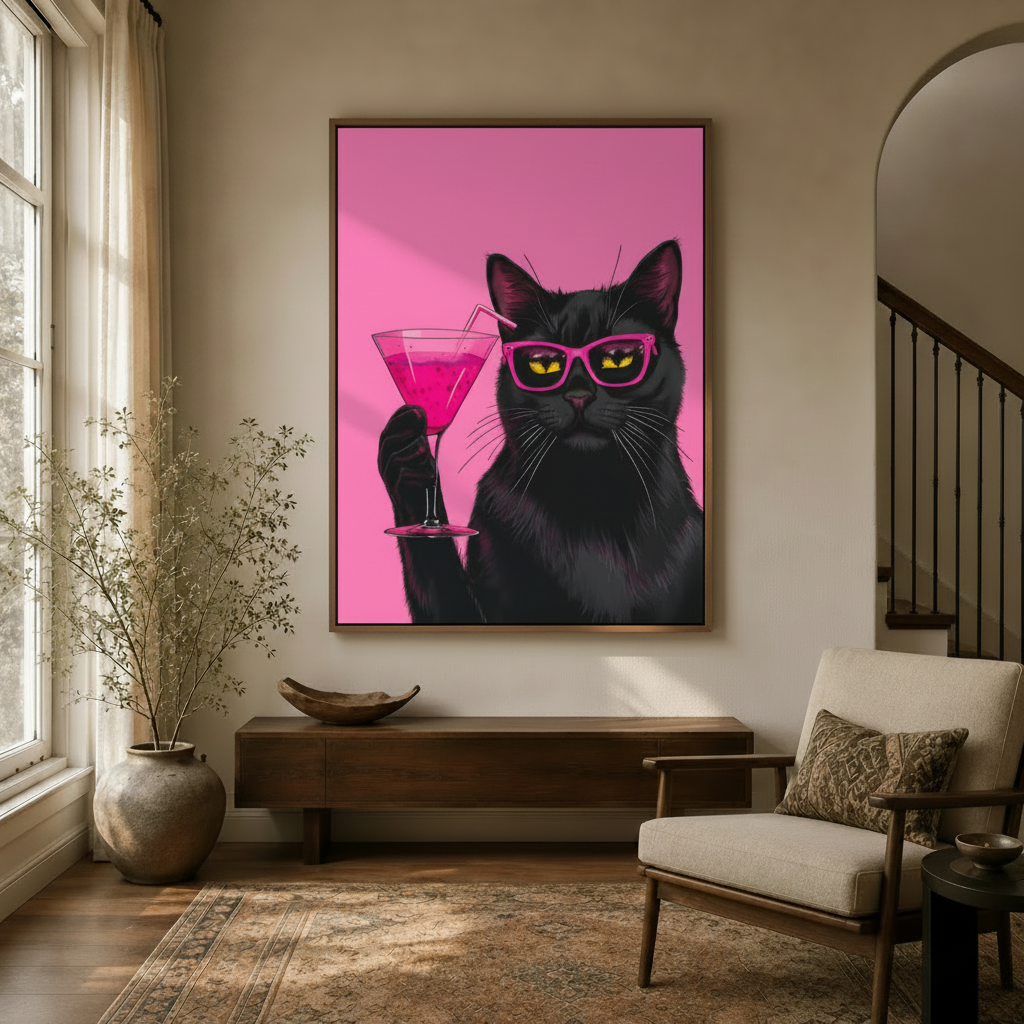 Funny black cat martini pop art canvas in walnut frame styled in modern entryway with wood console table