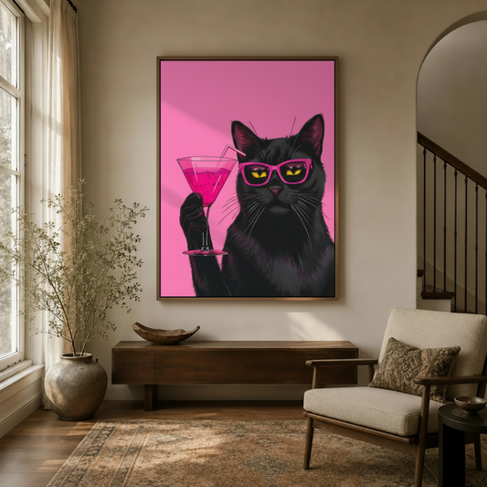 Funny black cat martini pop art canvas in walnut frame styled in modern entryway with wood console table