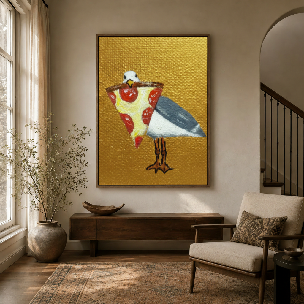 Whimsical bird with pizza slice wall art hanging in cozy entryway with wooden consol