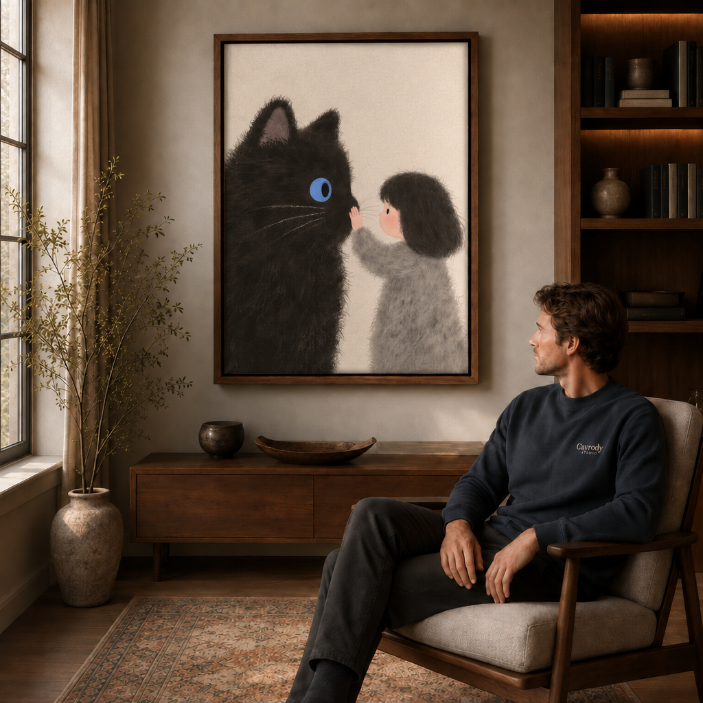 Man seated in an armchair beside a walnut floating-frame wall art of a fluffy black cat and little girl.