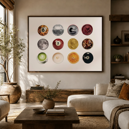 Pop art collage canvas wall art hung above a white sofa in a cozy neutral living room with open shelving