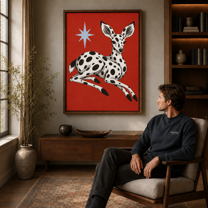 Framed spotted fawn wall art above a wood console in a cozy living room