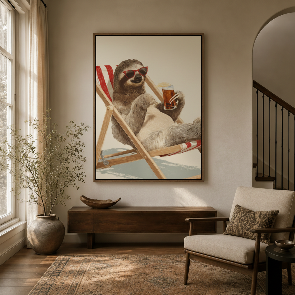 Humorous sloth wall art in dark walnut frame hanging in cozy entryway with staircase