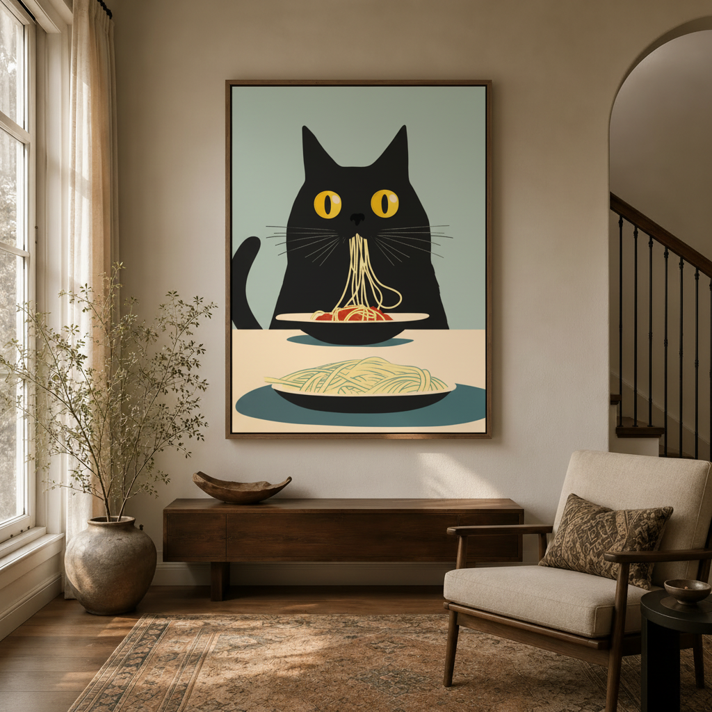 Whimsical cat eating pasta wall art hanging in modern entryway with arched doorway