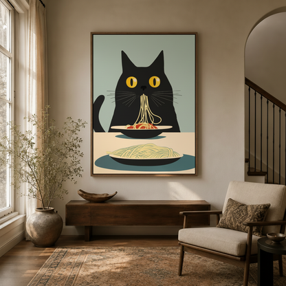 Whimsical cat eating pasta wall art hanging in modern entryway with arched doorway
