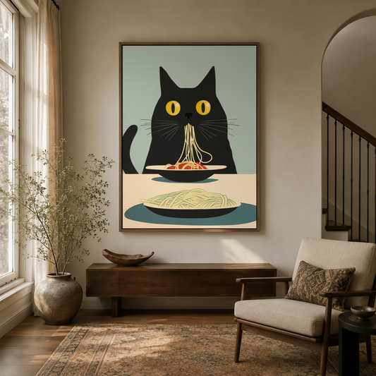 Whimsical cat eating pasta wall art hanging in modern entryway with arched doorway