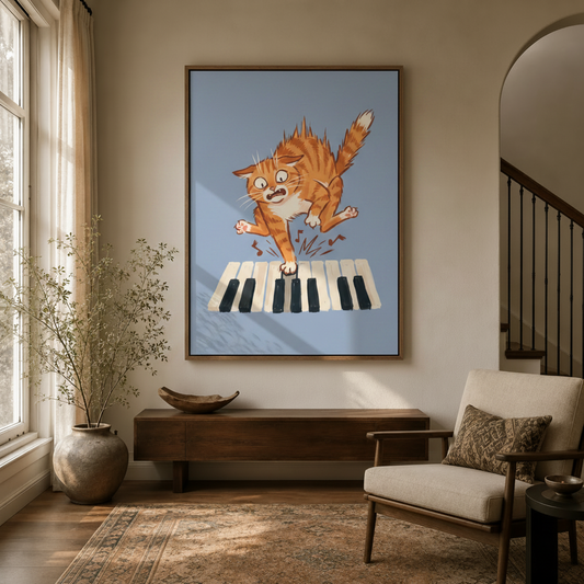  Cartoon cat stomping on piano keys wall art in bright entryway with wood floating frame