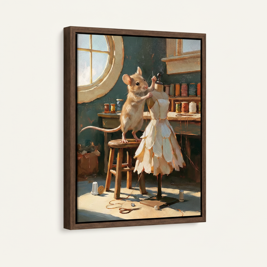 Tiny mouse tailor teal workshop sewing dress classical canvas in wide dark walnut float frame, 3/4 portrait angle