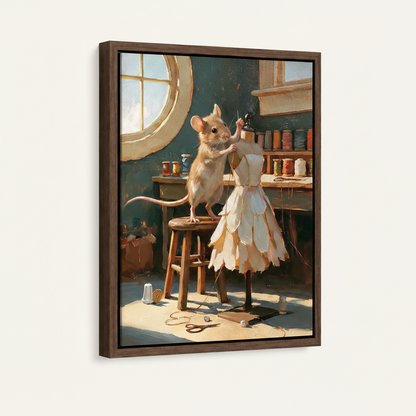 Tiny mouse tailor teal workshop sewing dress classical canvas in wide dark walnut float frame, 3/4 portrait angle