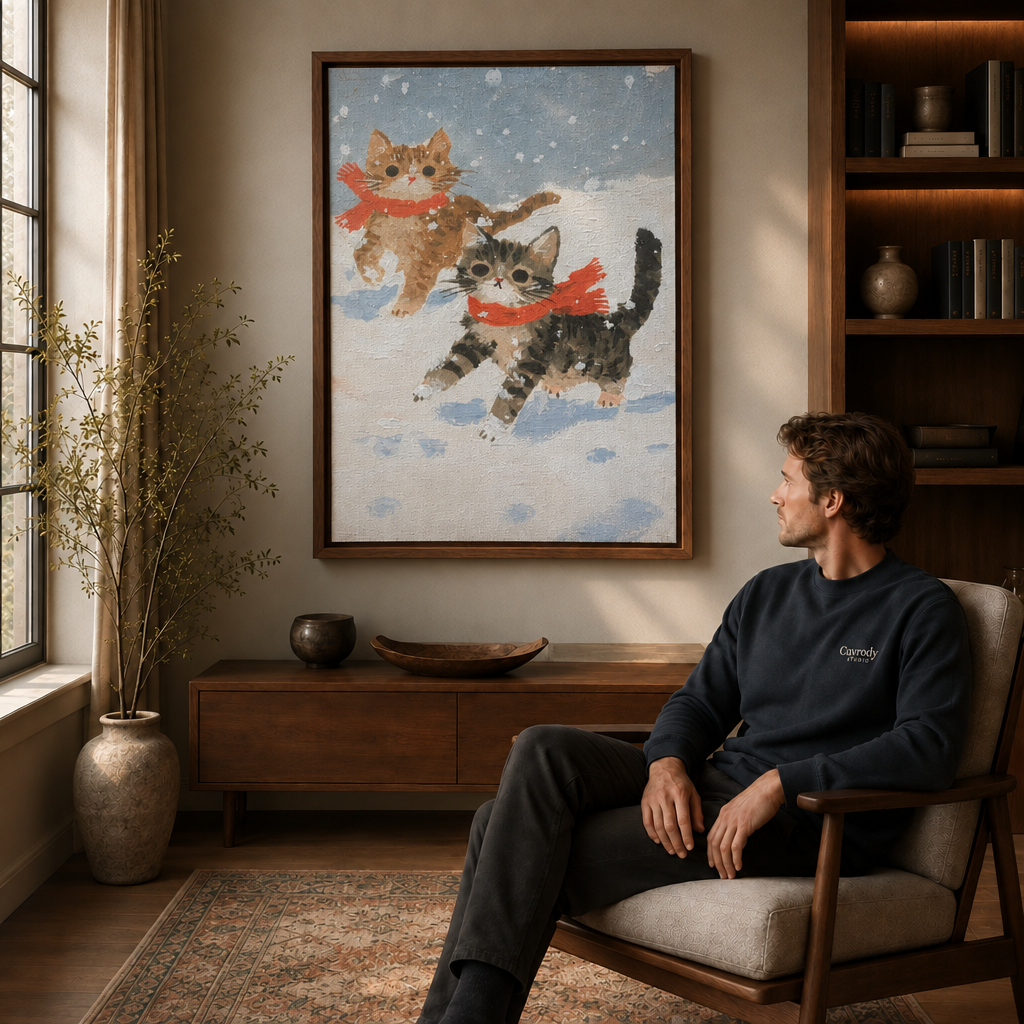 Whimsical snow cats painting with red scarves on a living room wall beside a relaxed seated man