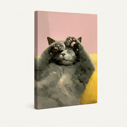 Gallery wrapped canvas side view of expressive gray cat lying on back with pink and yellow background