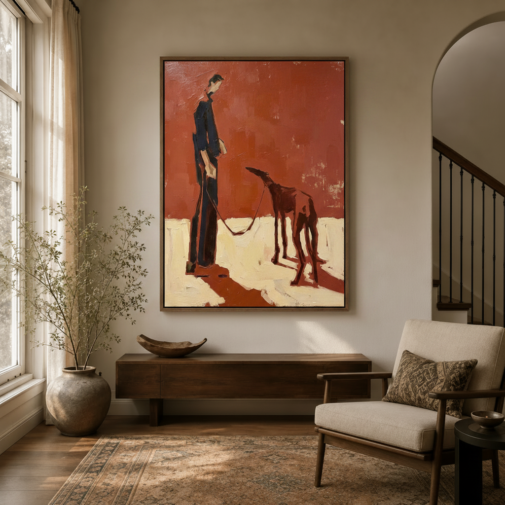 Bold terracotta red expressionist dog walking canvas in walnut float frame styled in a warm neutral entryway