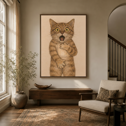 Humorous cat illustration framed canvas print hanging in entryway hallway decor