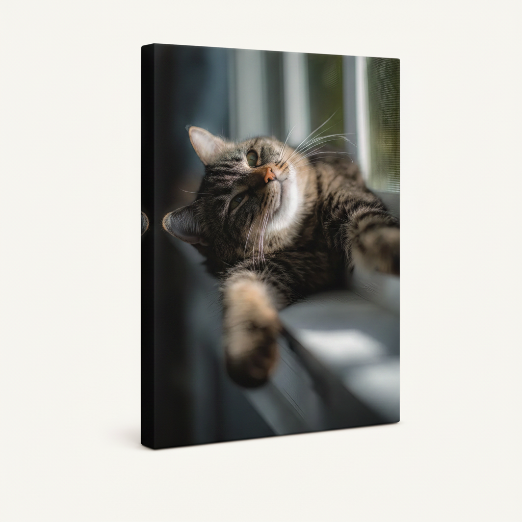 Gallery wrapped canvas print tabby cat lying in sunlight paw reaching out angled product view