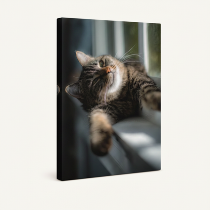 Gallery wrapped canvas print tabby cat lying in sunlight paw reaching out angled product view