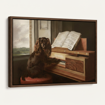 Dark Spaniel harpsichord classical canvas print dark walnut float frame angled 3/4 product mockup view