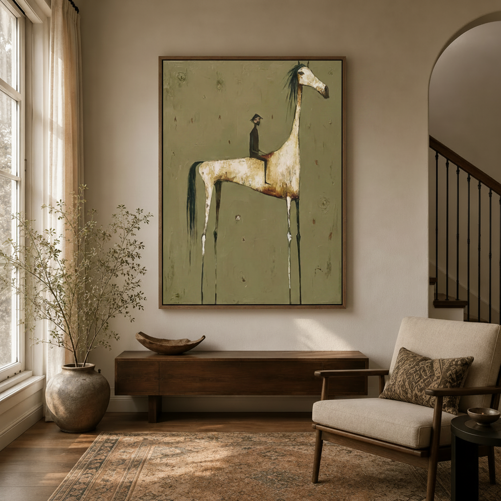 Naive expressionist horse canvas wall art in float frame styled in a warm neutral entryway hallway