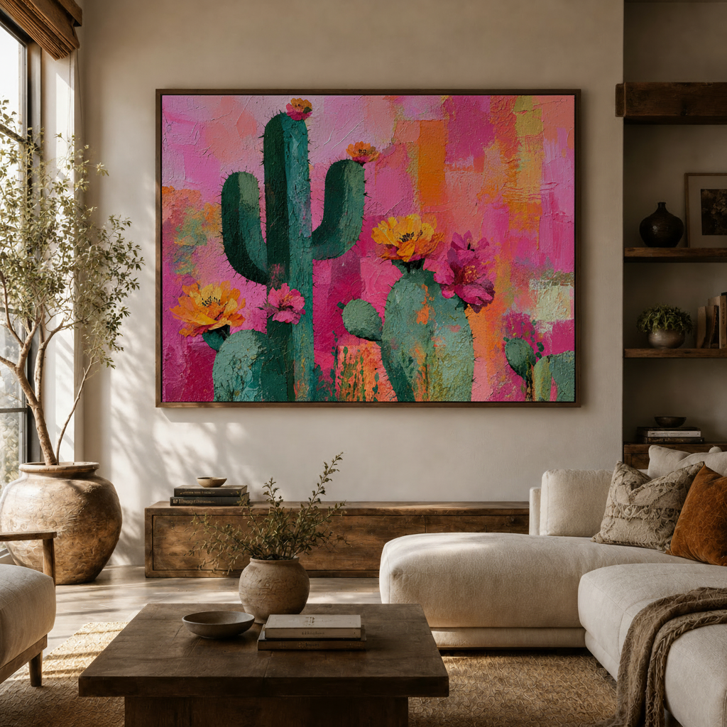 Vibrant floral cactus wall art above a neutral sofa in a modern living room