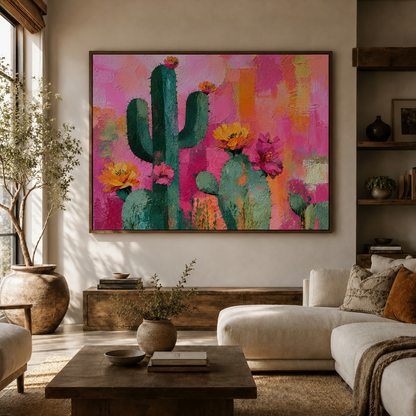 Vibrant floral cactus wall art above a neutral sofa in a modern living room
