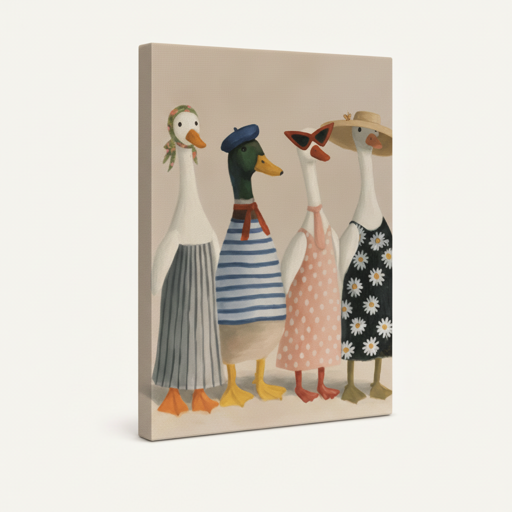Gallery-wrapped fashionable duck squad illustration canvas with cream wrap sides on off-white background
