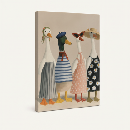 Gallery-wrapped fashionable duck squad illustration canvas with cream wrap sides on off-white background