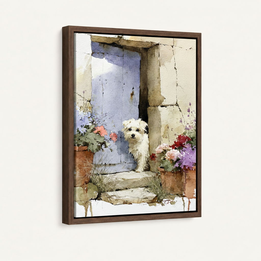 Charming white dog Provence door watercolor canvas in wide dark walnut float frame, 3/4 angle portrait view