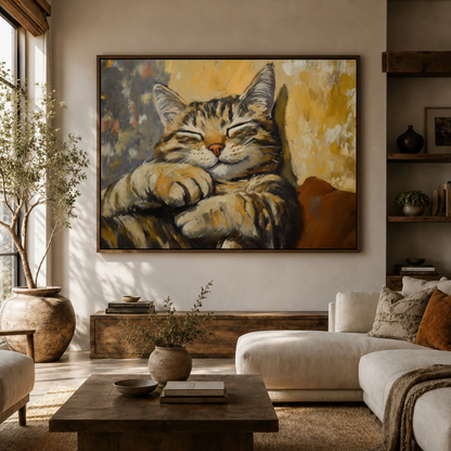 Large framed smiling cat golden impressionist canvas displayed above sideboard in cozy boho living room