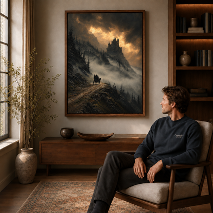 Gothic castle canvas wall art displayed above a cabinet near a seated man and window.