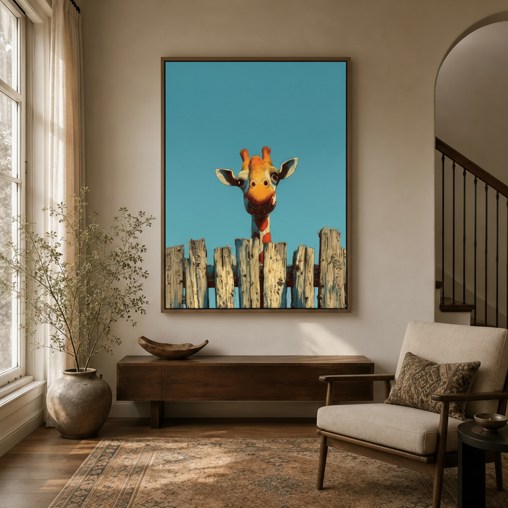 Funny giraffe peeking canvas print styled in a warm entryway with walnut console and arch doorway