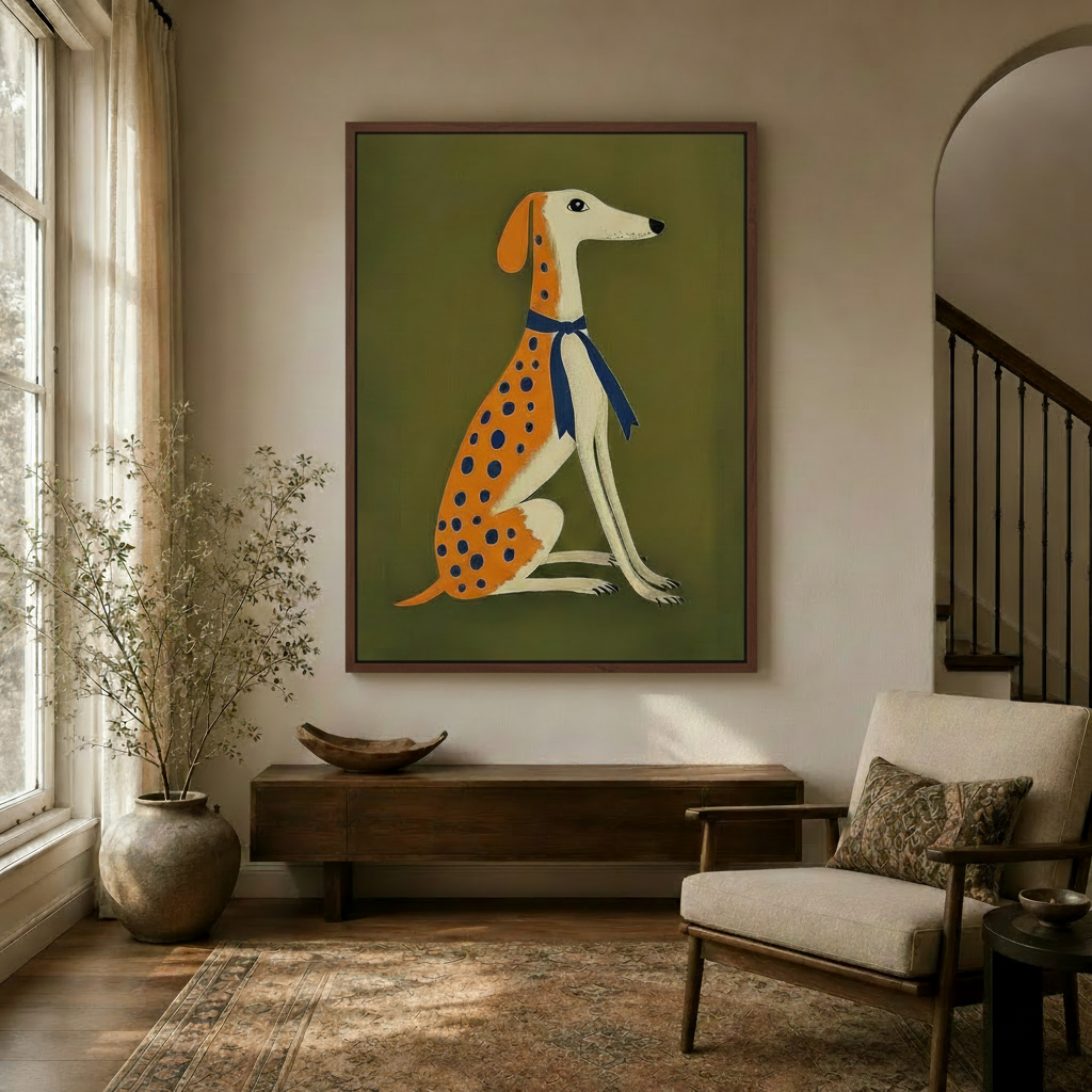Greyhound wall art canvas in entryway hallway with warm wood console and arched doorway