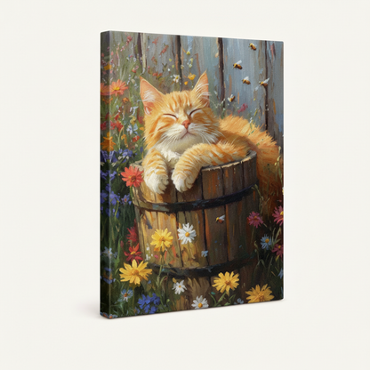 Gallery-wrapped sleeping cat wildflower canvas with colorful flower wrap sides on cream background
