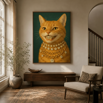 Grinning orange tabby cat portrait canvas displayed in bright modern entryway with arched doorway