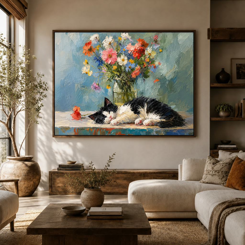 Black-and-white cat canvas wall art above a modern cream sofa