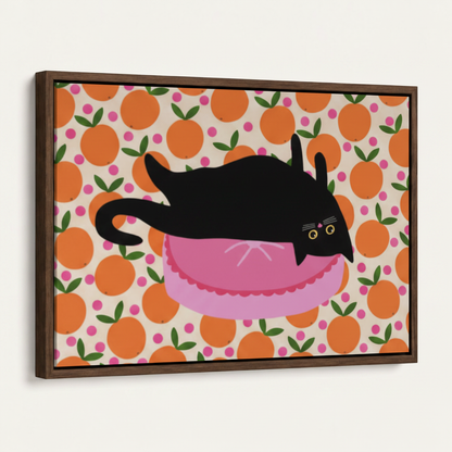 Framed black cat pink bed orange pattern canvas print in dark walnut float frame angled product view