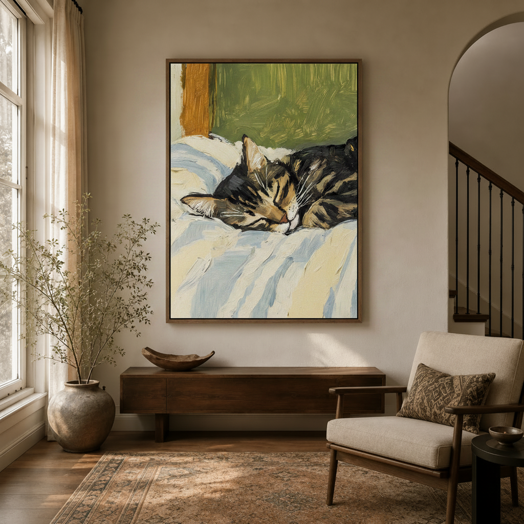 Van Gogh-inspired sleeping cat canvas print in dark walnut frame displayed in modern entryway with arched doorway