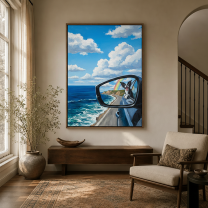 Joyful dog wall art framed canvas displayed in modern entryway with arched doorway